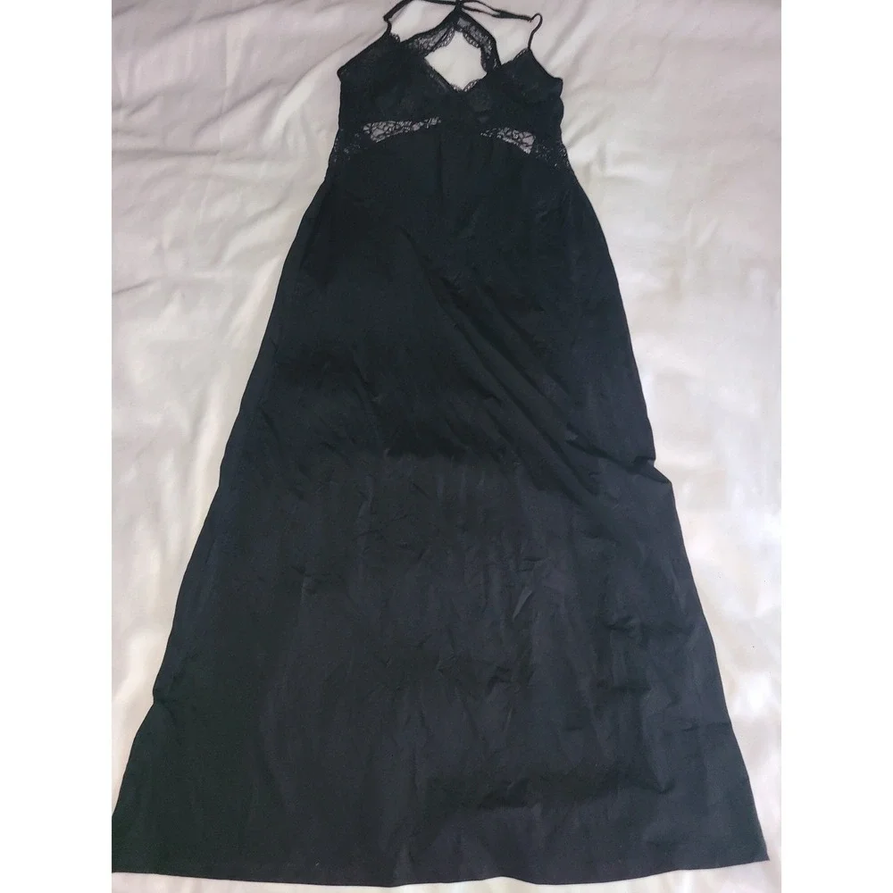 INC International Concepts Intimates Black Lace Trim Long Nightgown Small